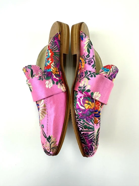 Free People At Ease pink brocade loafer Mules Size 38 Embroidered Boho floral - Picture 7 of 10